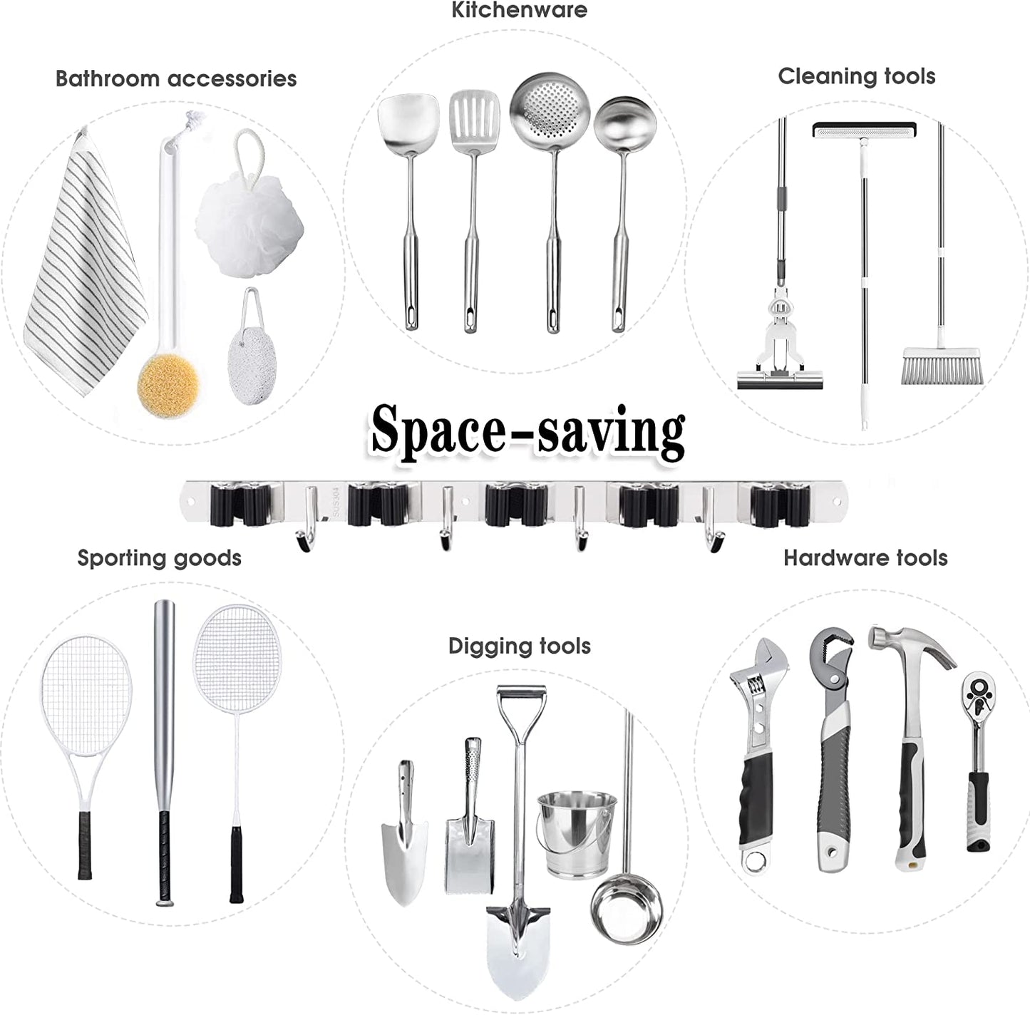 Broom Holder, 5 Holders + 4 Hooks Broom Holder Wall Mounted with Nails Installation, Stainless Steel Mop Holder, Mop and Broom Holder Self Adhesive, Heavy Duty Broom Gripper
