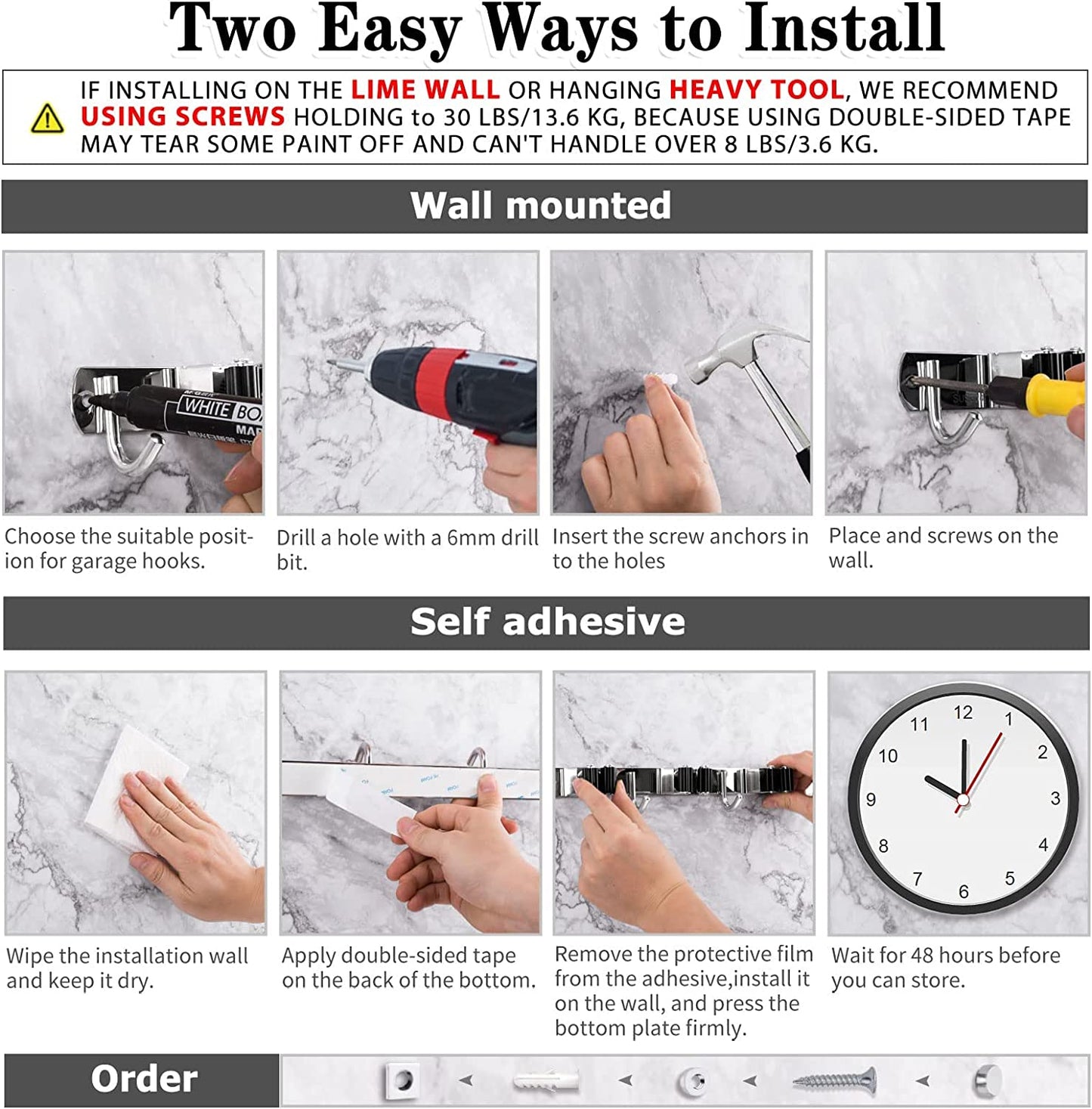 Broom Holder, 5 Holders + 4 Hooks Broom Holder Wall Mounted with Nails Installation, Stainless Steel Mop Holder, Mop and Broom Holder Self Adhesive, Heavy Duty Broom Gripper
