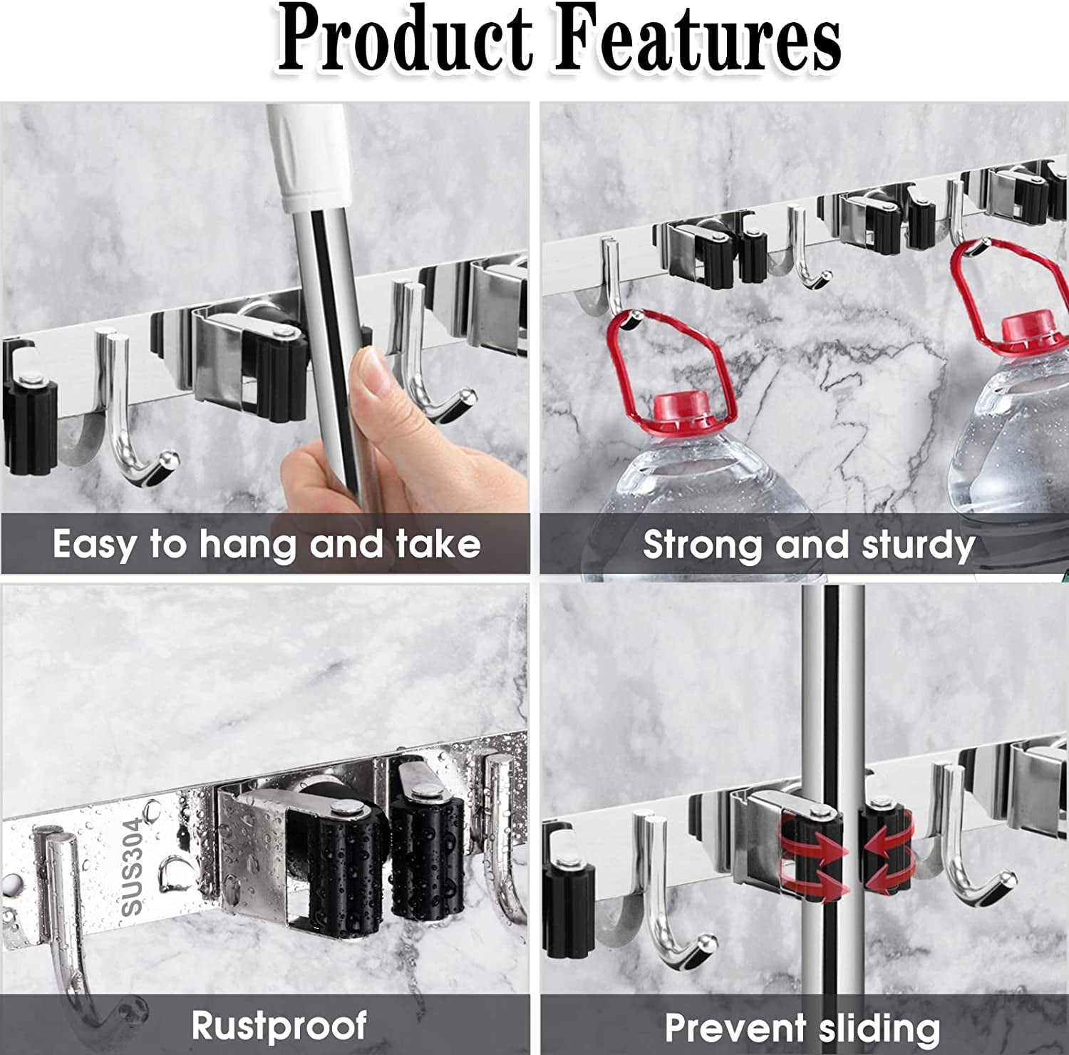 Broom Holder, 5 Holders + 4 Hooks Broom Holder Wall Mounted with Nails Installation, Stainless Steel Mop Holder, Mop and Broom Holder Self Adhesive, Heavy Duty Broom Gripper