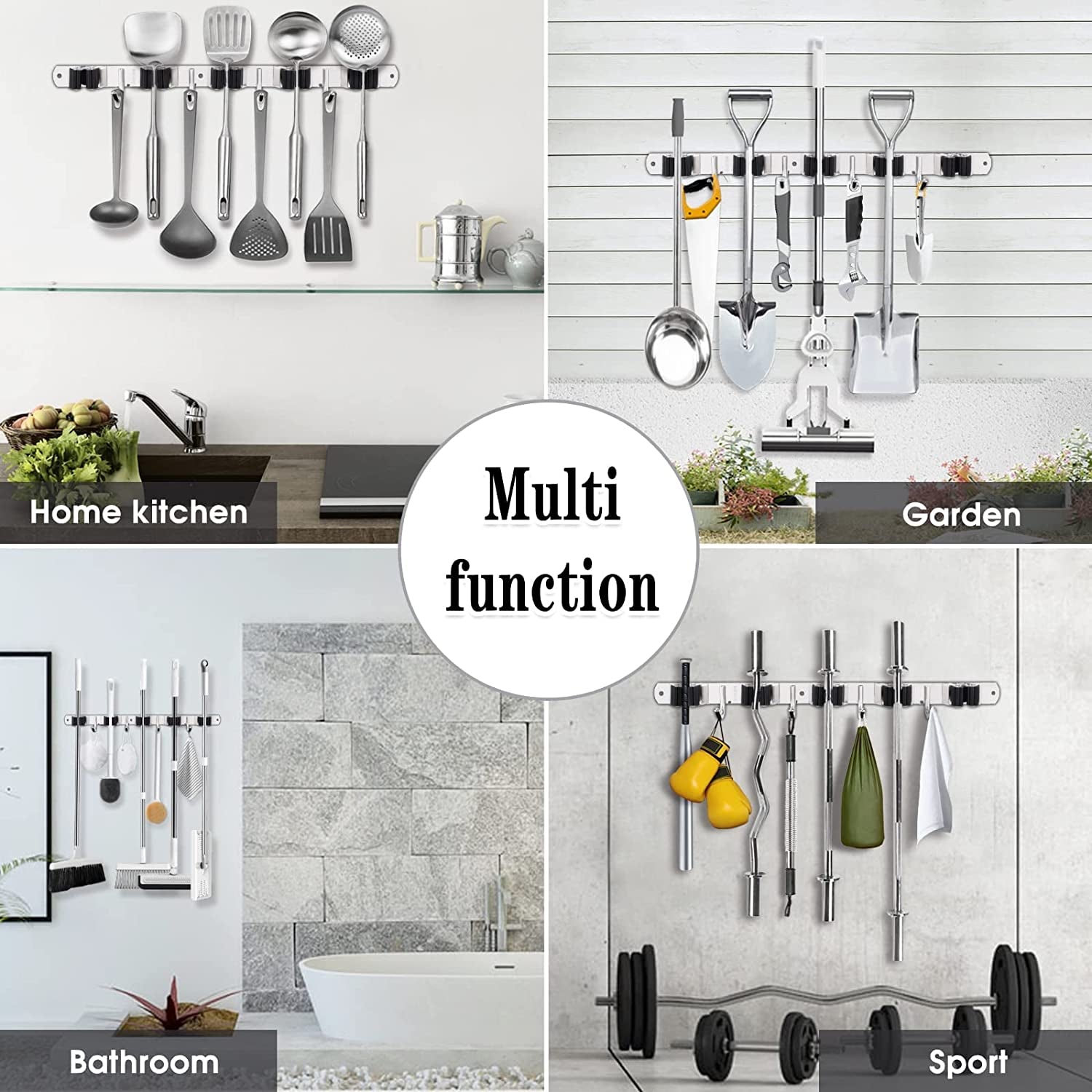 Broom Holder, 5 Holders + 4 Hooks Broom Holder Wall Mounted with Nails Installation, Stainless Steel Mop Holder, Mop and Broom Holder Self Adhesive, Heavy Duty Broom Gripper