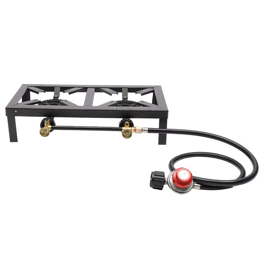 Portable Double Burner Outdoor Gas Stove Propane Cooker with Adjustable 0-10Psi Regulator Hose for Patio Camping, BBQ, Home