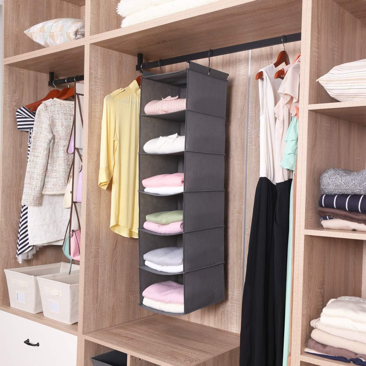 6 Tier Shelf Hanging Closet Organizer, Closet Hanging Shelf with 2 Sturdy Hooks for Storage, Foldable (Grey)