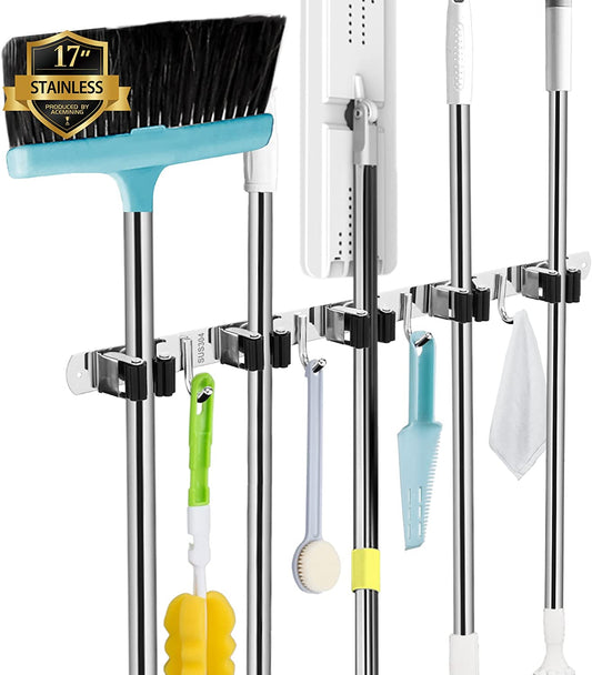 Broom Holder, 5 Holders + 4 Hooks Broom Holder Wall Mounted with Nails Installation, Stainless Steel Mop Holder, Mop and Broom Holder Self Adhesive, Heavy Duty Broom Gripper