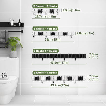 Broom Holder, 5 Holders + 4 Hooks Broom Holder Wall Mounted with Nails Installation, Stainless Steel Mop Holder, Mop and Broom Holder Self Adhesive, Heavy Duty Broom Gripper