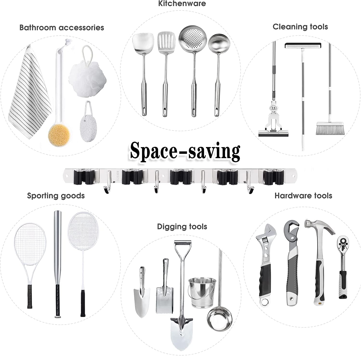 Broom Holder, 5 Holders + 4 Hooks Broom Holder Wall Mounted with Nails Installation, Stainless Steel Mop Holder, Mop and Broom Holder Self Adhesive, Heavy Duty Broom Gripper