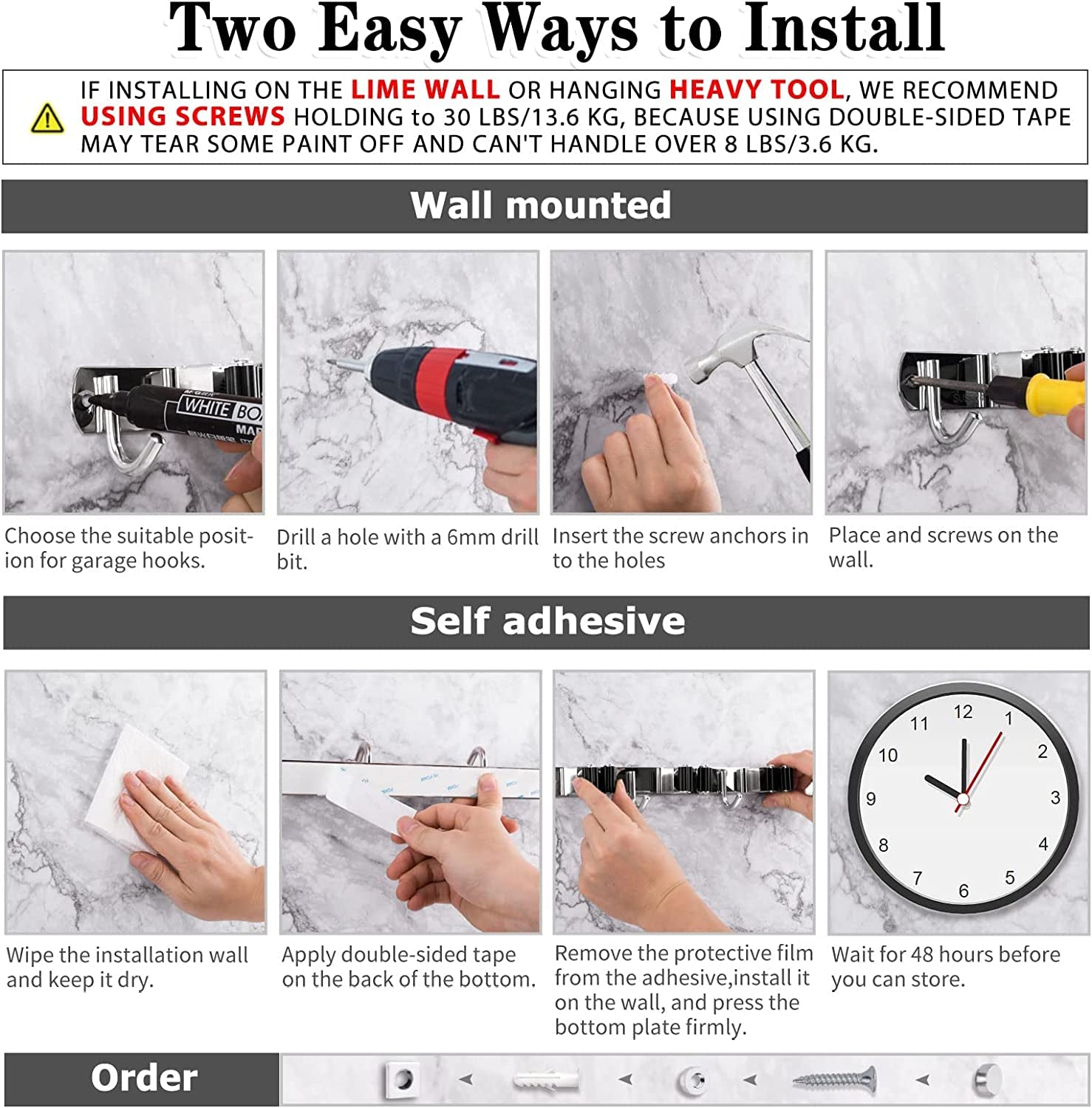 Broom Holder, 5 Holders + 4 Hooks Broom Holder Wall Mounted with Nails Installation, Stainless Steel Mop Holder, Mop and Broom Holder Self Adhesive, Heavy Duty Broom Gripper