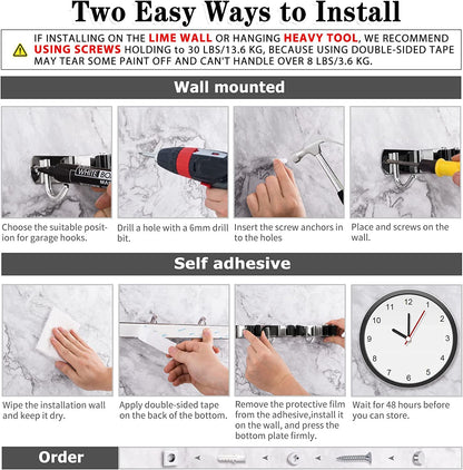 Broom Holder, 5 Holders + 4 Hooks Broom Holder Wall Mounted with Nails Installation, Stainless Steel Mop Holder, Mop and Broom Holder Self Adhesive, Heavy Duty Broom Gripper