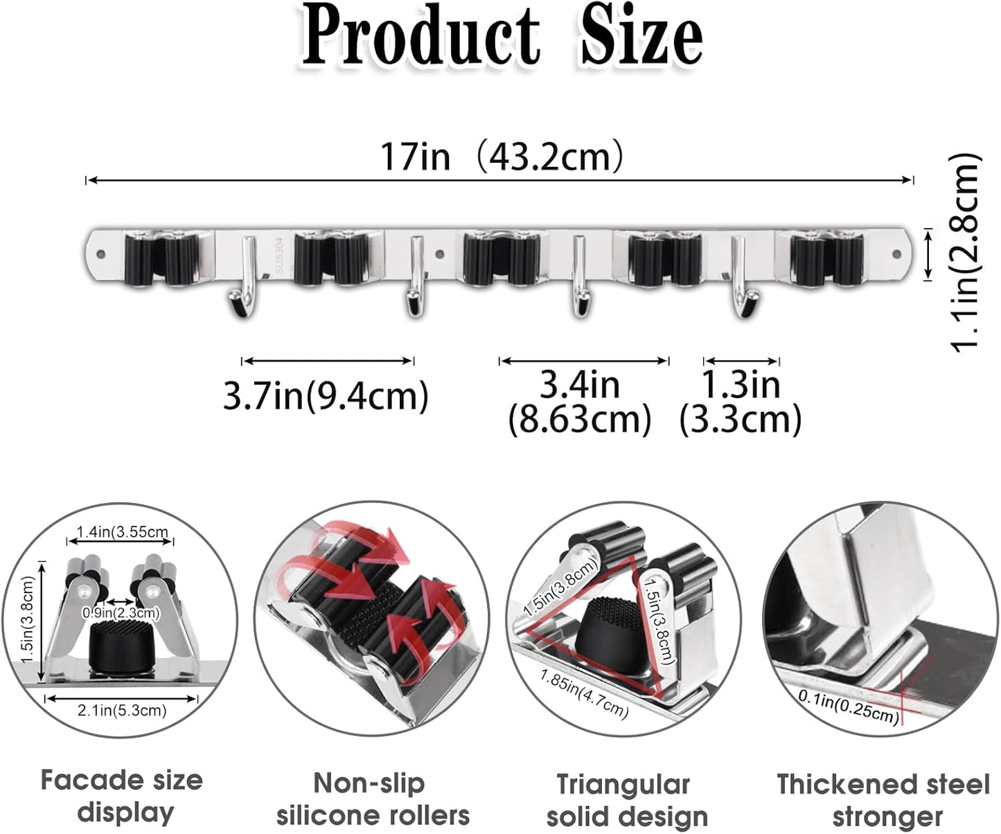 Broom Holder, 5 Holders + 4 Hooks Broom Holder Wall Mounted with Nails Installation, Stainless Steel Mop Holder, Mop and Broom Holder Self Adhesive, Heavy Duty Broom Gripper