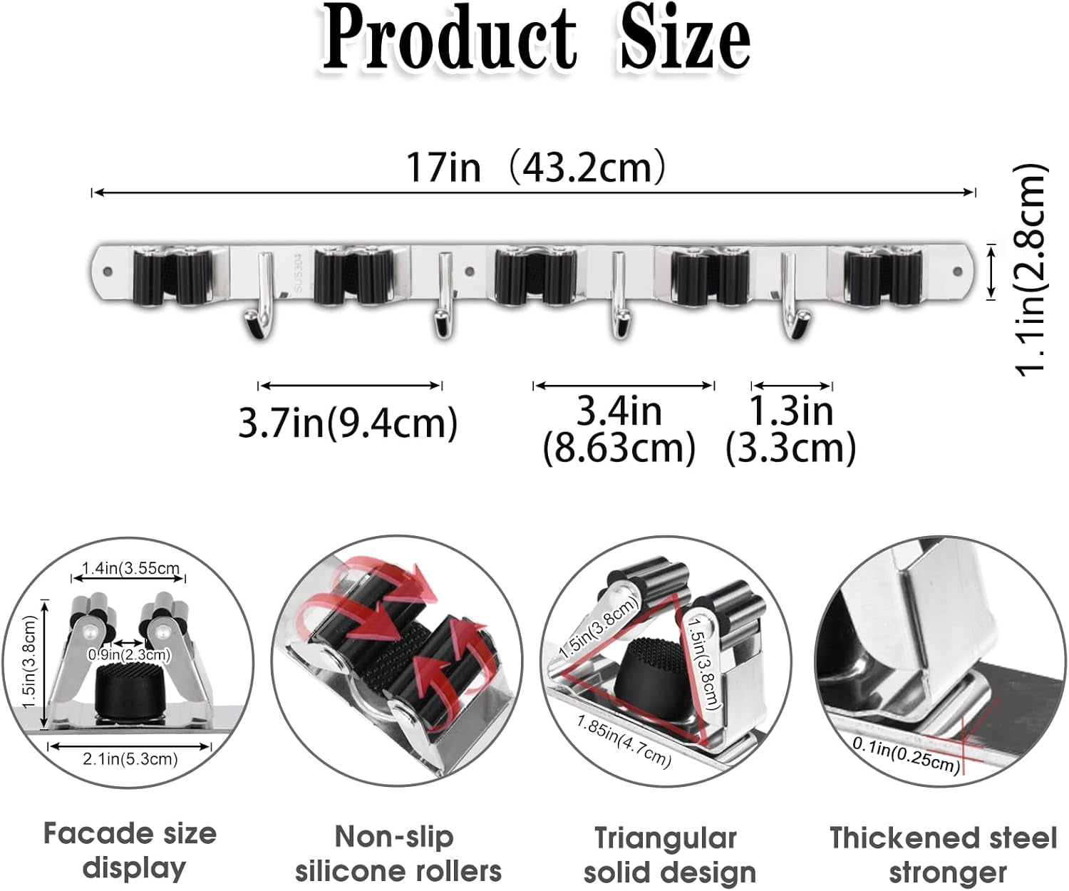 Broom Holder, 5 Holders + 4 Hooks Broom Holder Wall Mounted with Nails Installation, Stainless Steel Mop Holder, Mop and Broom Holder Self Adhesive, Heavy Duty Broom Gripper