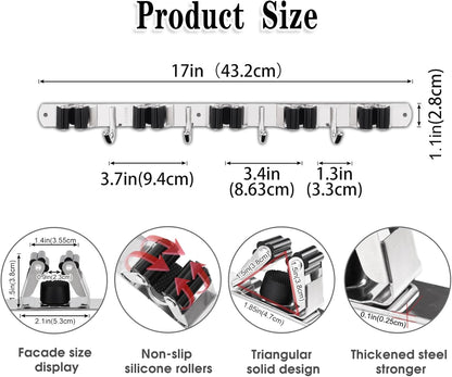 Broom Holder, 5 Holders + 4 Hooks Broom Holder Wall Mounted with Nails Installation, Stainless Steel Mop Holder, Mop and Broom Holder Self Adhesive, Heavy Duty Broom Gripper
